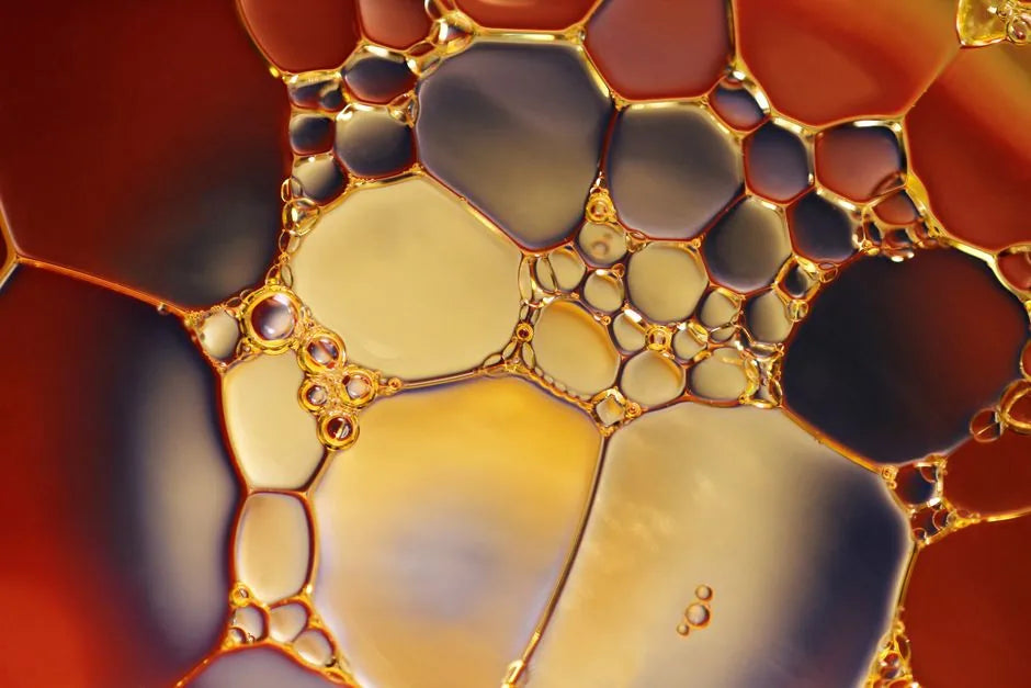 Golden oil droplets in macro, tallow's lipid profile mimics sebum.