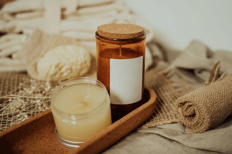 Premium balm jar on linen in soft light, elegant skincare still life.