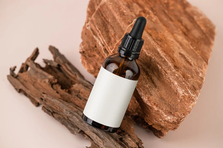 Golden botanical oil bottle in soft neutral light, natural retinol-alternative mood.
