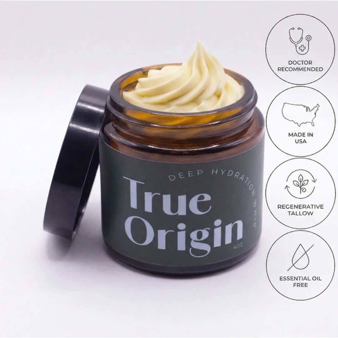True Origin Deep Hydration Whip jar with badges: doctor recommended, made in USA, regenerative tallow, essential oil free